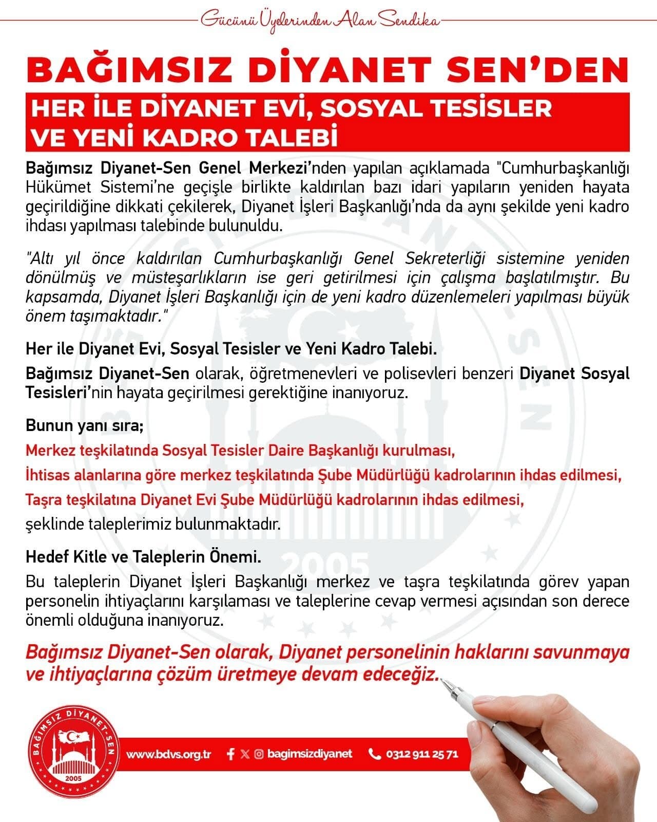Bağımsız Diyanet-Sen'den Her İle Diyanet Evi, Sosyal Tesis ve Yeni Kadro Talebi