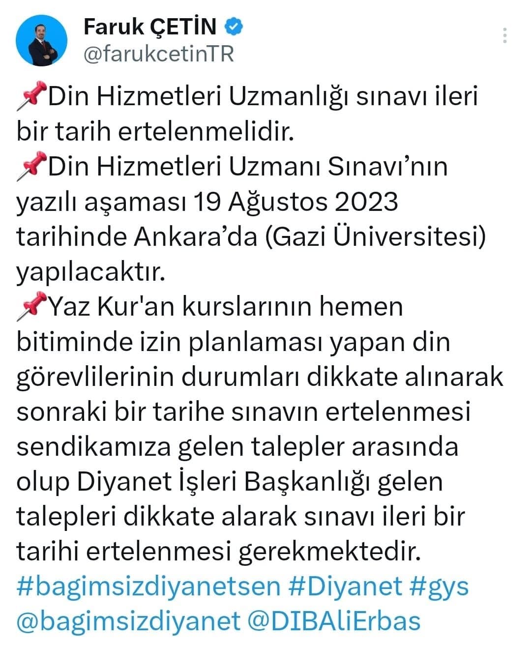 Din Hizmetleri Uzmanlığı sınavı ileri bir tarih ertelenmelidir