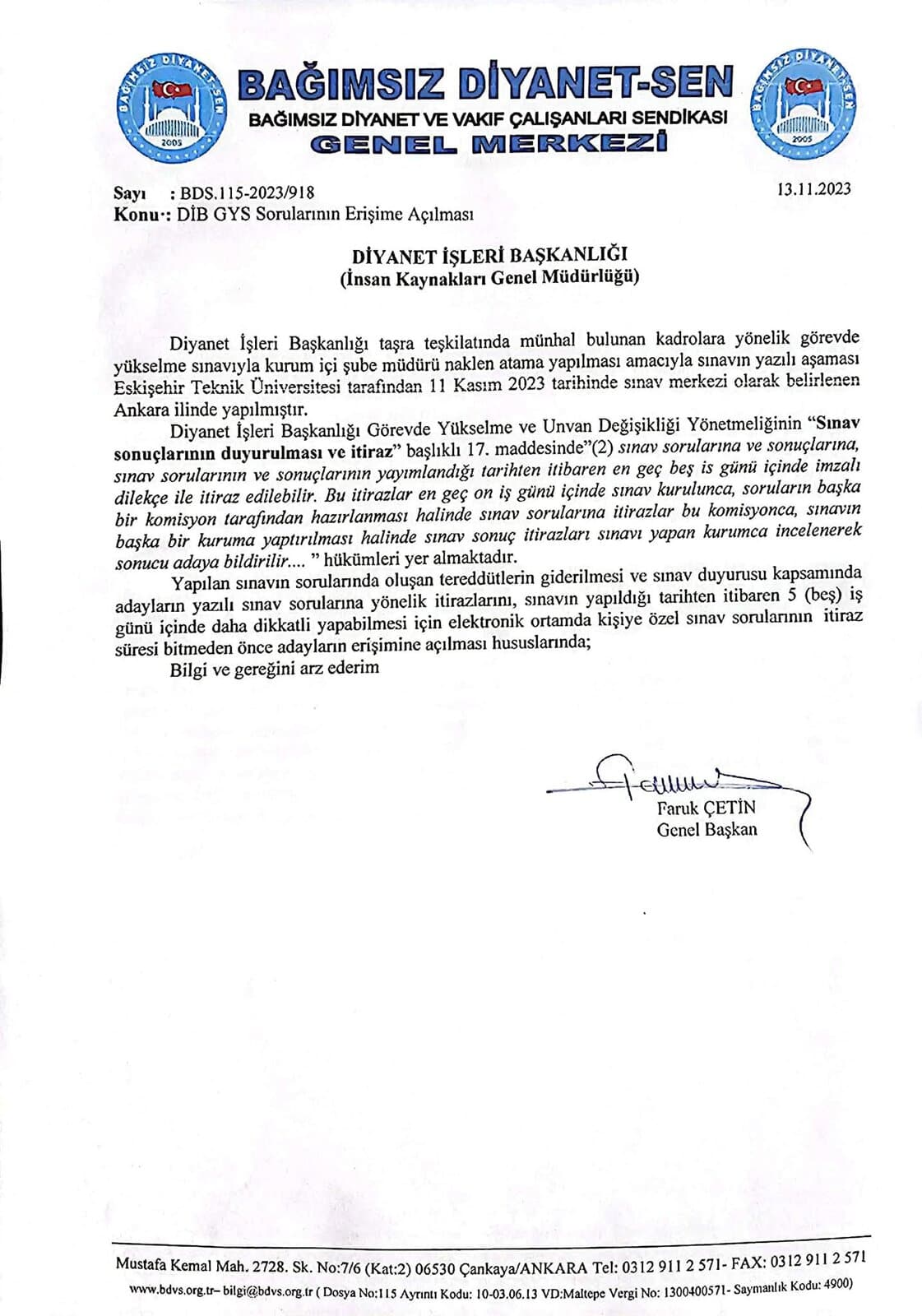 Diyanet Şube Müdürlüğü Yazılı Sınav Sorularının Erişime Açılmasını Talep Ettik
